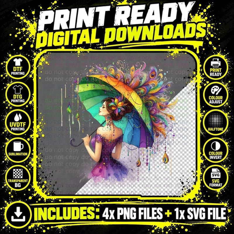 Colorful Woman with Rainbow Umbrella Mardi Gras T-Shirt Png SVG Digital Bundle