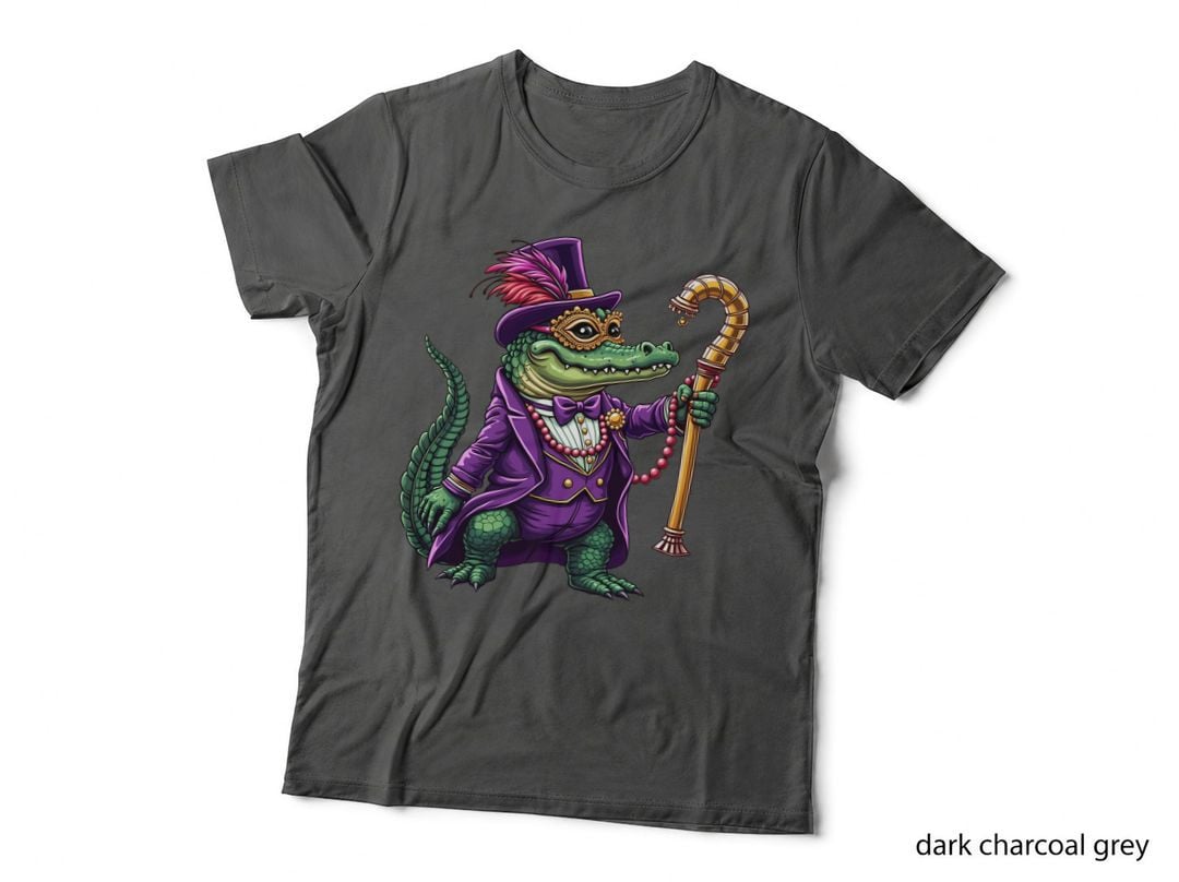 Elegant Crocodile in Purple Attire Mardi Gras T-Shirt, Mardi Gras Graphic Tee