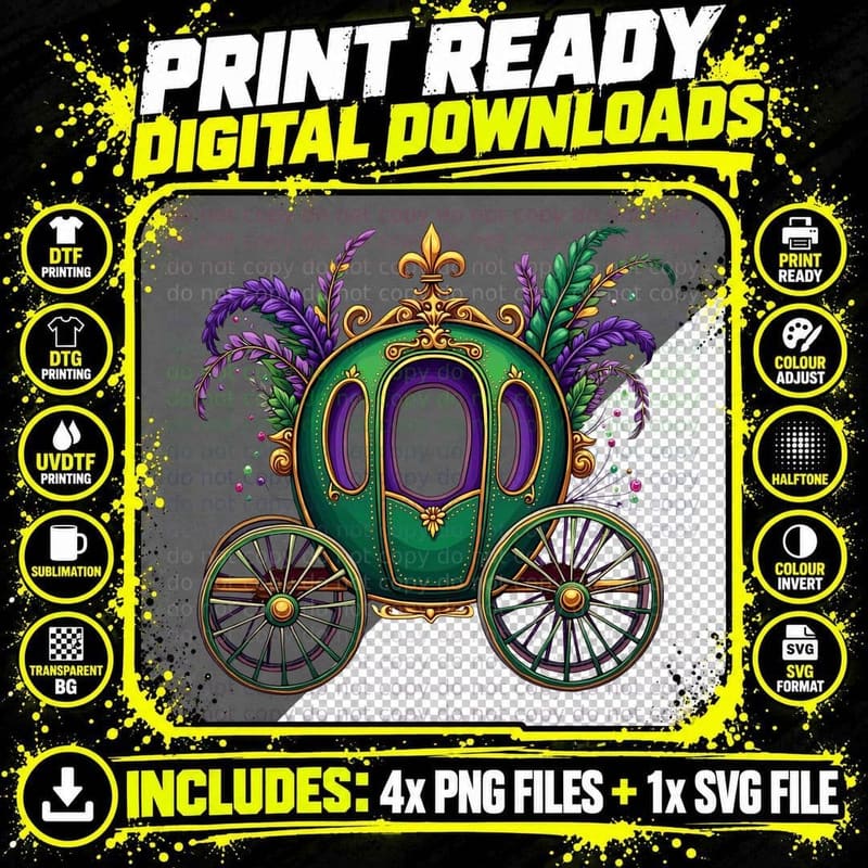 Enchanted Carriage with Feathers Mardi Gras T-Shirt Png SVG Digital Bundle