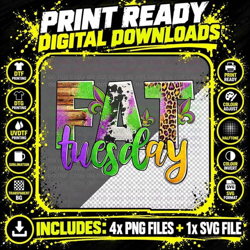 Fat Tuesday Mardi Gras Leopard and Cowhide T-Shirt Png SVG Digital Bundle