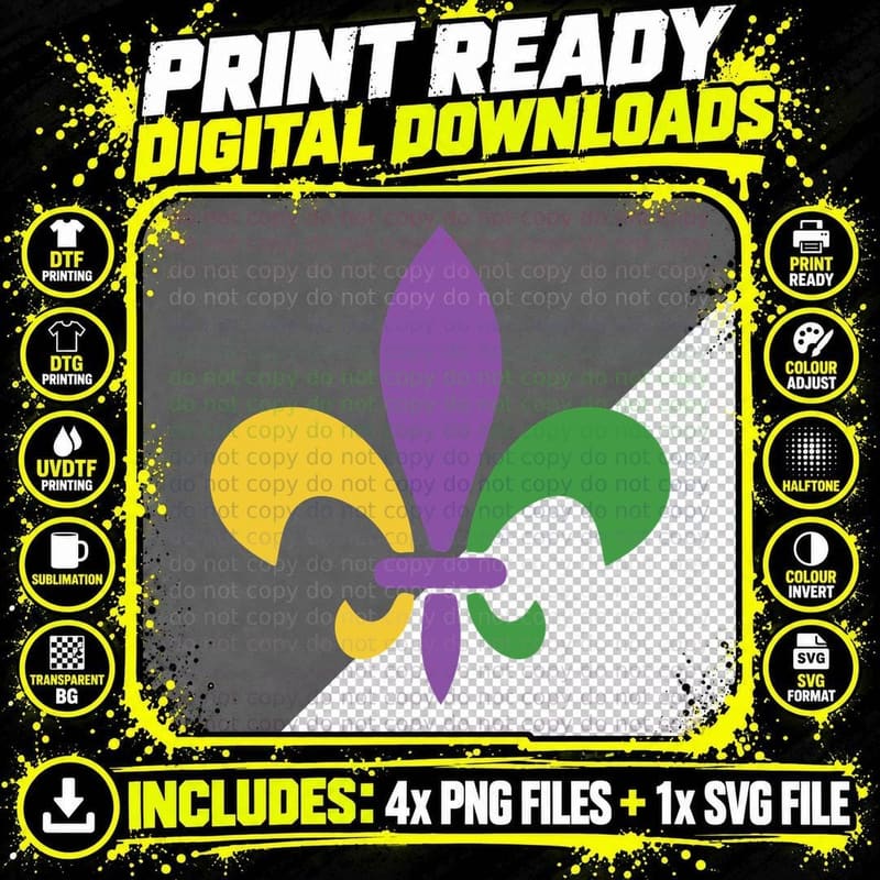 Fleur-De-Lis in Purple Yellow Green Mardi Gras T-Shirt Png SVG Digital Bundle