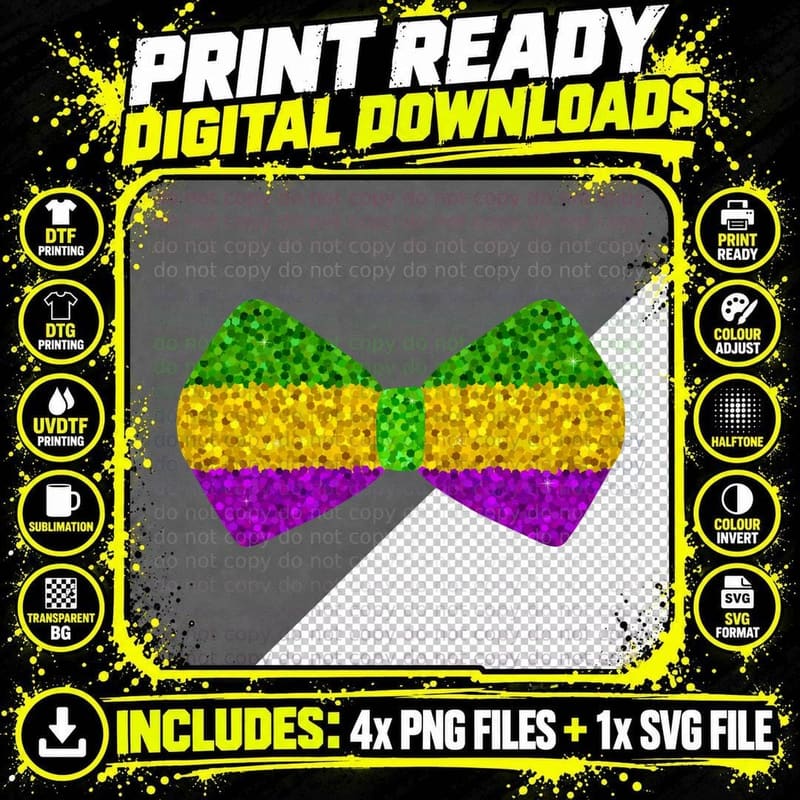 Glittery Mardi Gras Bow Tie Mardi Gras T-Shirt Png SVG Digital Bundle