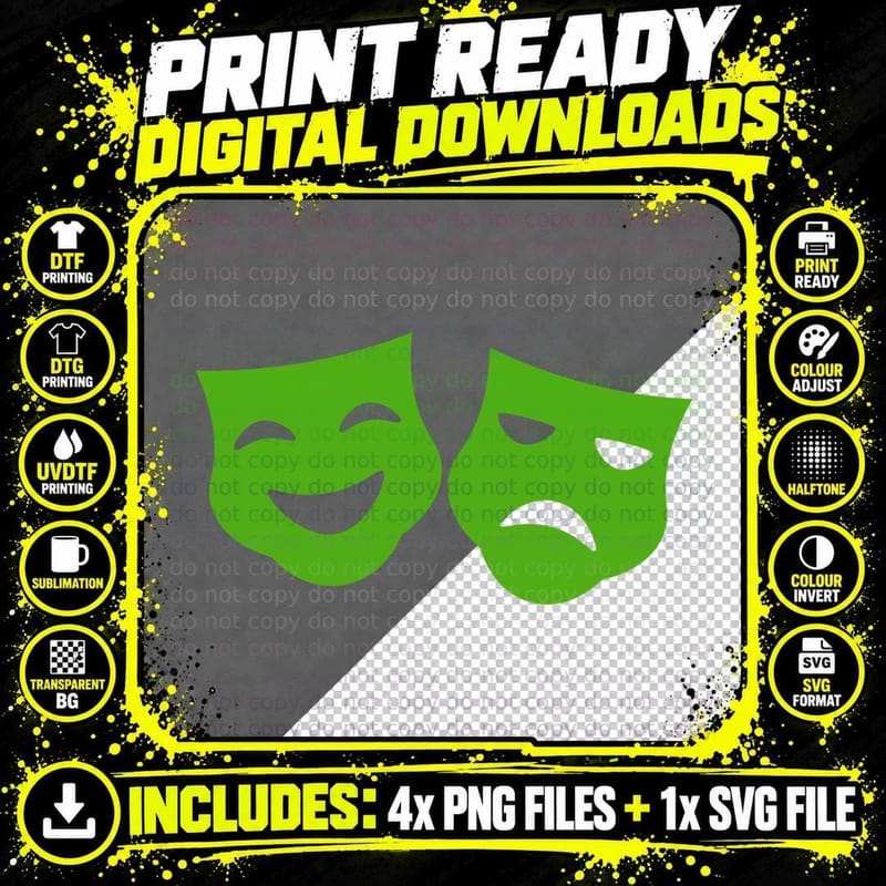 Green Comedy-Tragedy Masks Mardi Gras T-Shirt Png SVG Digital Bundle