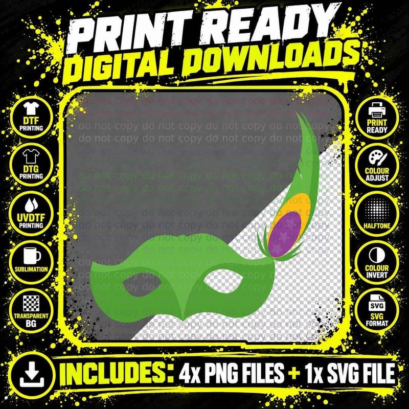 Green Mask with Feather Mardi Gras T-Shirt Png SVG Digital Bundle