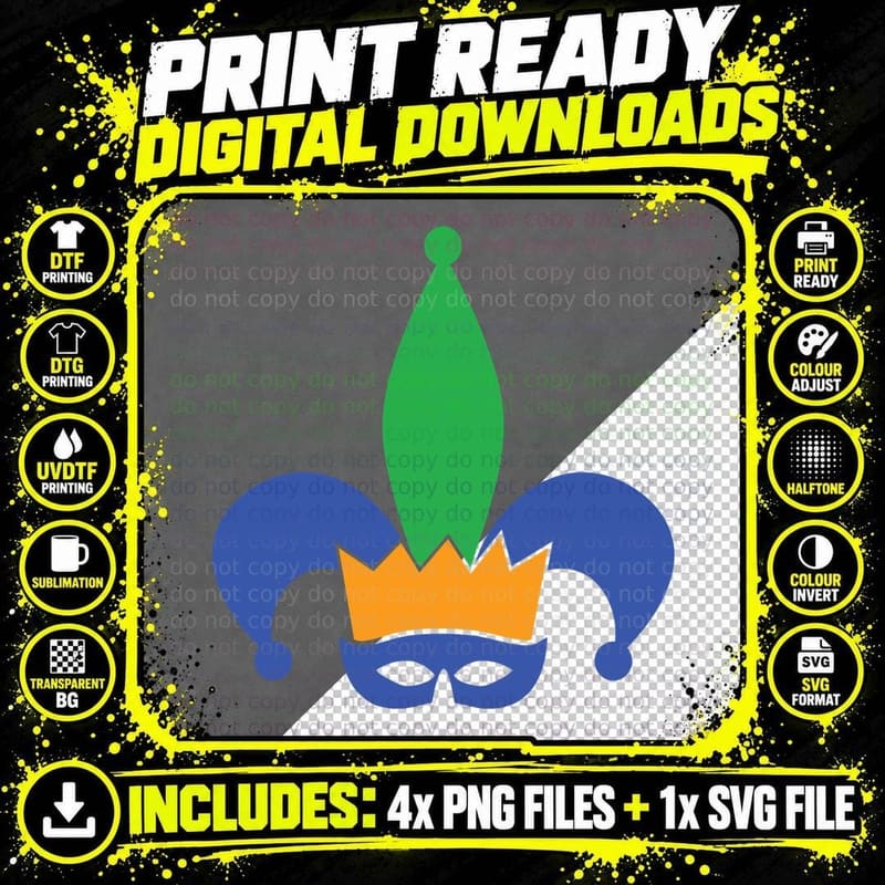 Jester Crown Mask Design Mardi Gras T-Shirt Png SVG Digital Bundle