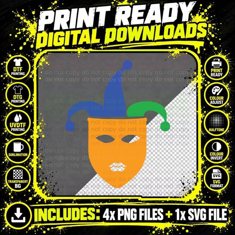 Jester Mask with Hat Mardi Gras T-Shirt Png SVG Digital Bundle