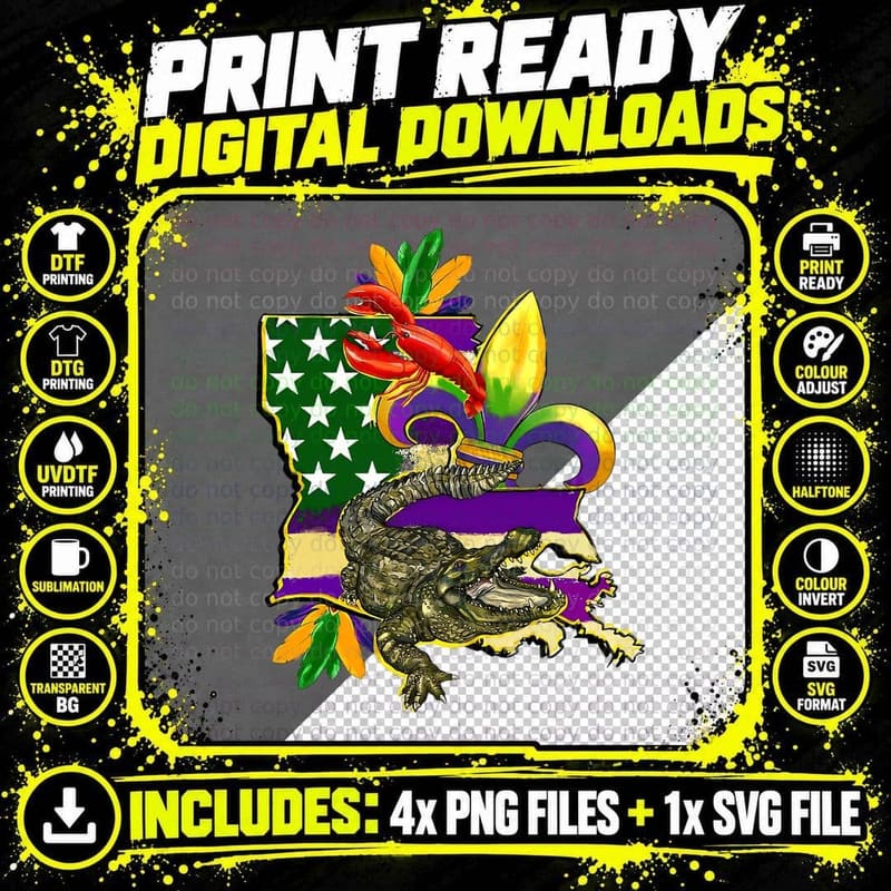 Louisiana Map Mardi Gras, Gator Mardi Gras Costume Png SVG Digital Bundle