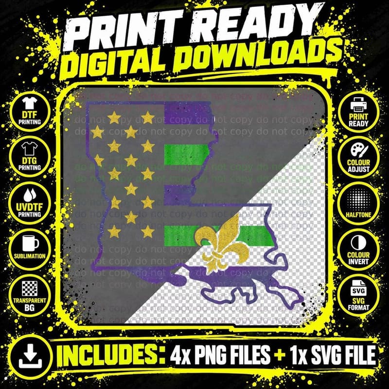 Louisiana State Outline with Stars and Fleur-De-Lis Png SVG Digital Bundle