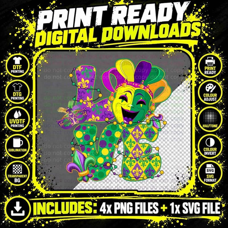 Love Mardi Gras T-Shirt, Mardi Gras Mask with Beads Png SVG Digital Bundle