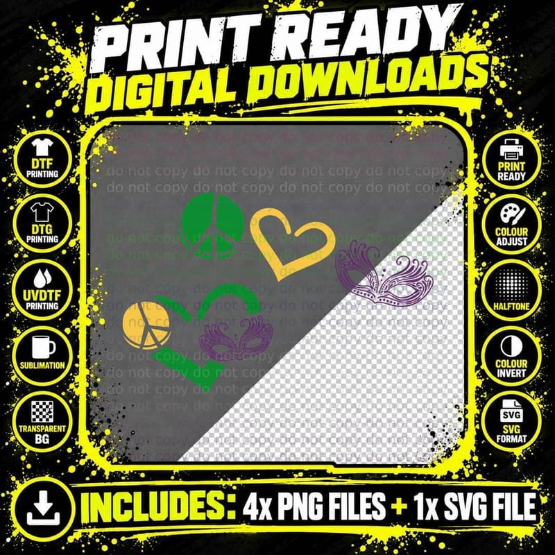Love Mardi Gras T-Shirt, Peace Love Masquerade Masks Png SVG Digital Bundle