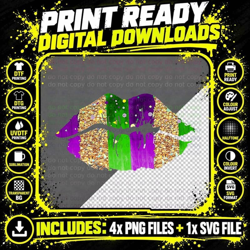 Mardi Gras Lips Carnival Costume Purple & Gold Png SVG Digital Bundle