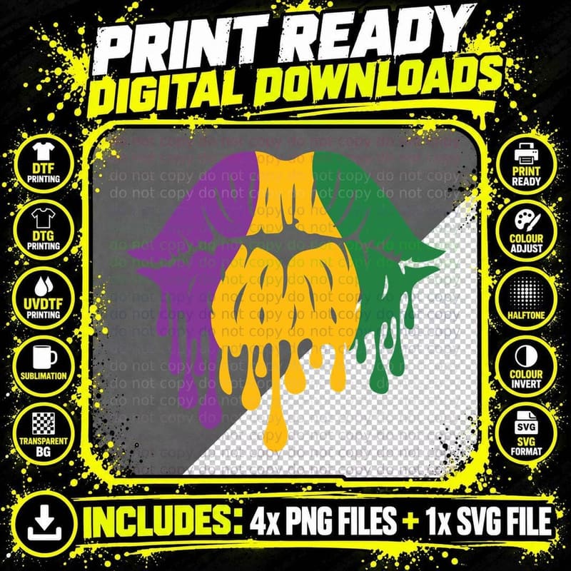 Mardi Gras Lips with Dripping Paint Mardi Gras T-Shirt Png SVG Digital Bundle