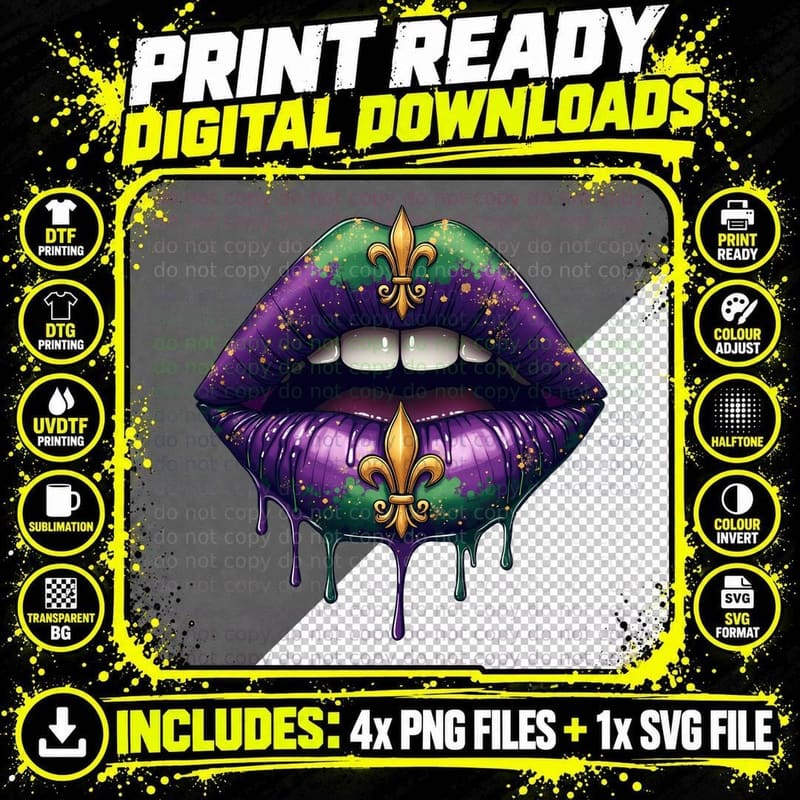 Mardi Gras Lips with Fleur-De-Lis Mardi Gras T-Shirt Png SVG Digital Bundle