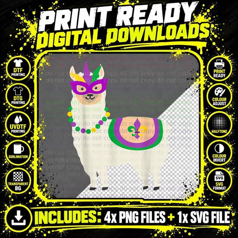Mardi Gras Llama Carnival Fat-Tuesday Party T-Shirt Png SVG Digital Bundle