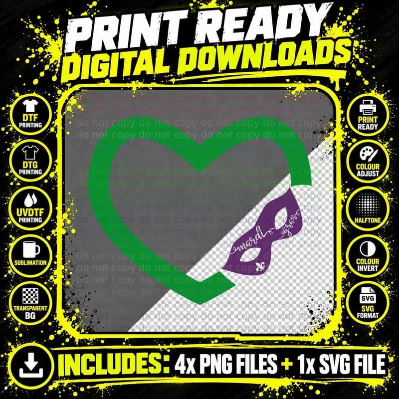 Mardi Gras Mardi Gras T-Shirt, Green Heart Outline with Png SVG Digital Bundle