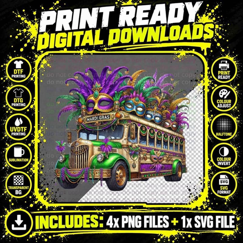Mardi Gras Mardi Gras T-Shirt, Mardi Gras Bus Adorned Png SVG Digital Bundle