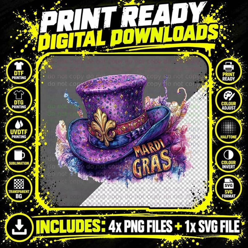 Mardi Gras Mardi Gras T-Shirt, Mardi Gras Purple Top Hat Png SVG Digital Bundle