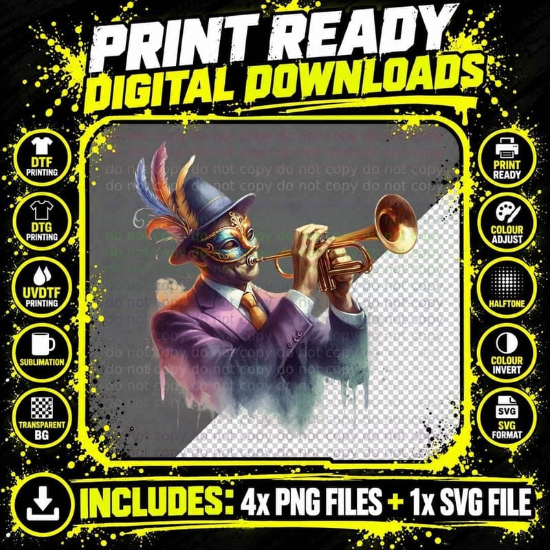 Masquerade Trumpeter Mardi Gras T-Shirt Png SVG Digital Bundle