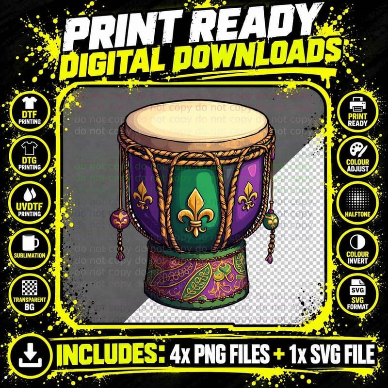 Ornate Drum with Fleur-De-Lis Pattern Mardi Gras T-Shirt Png SVG Digital Bundle