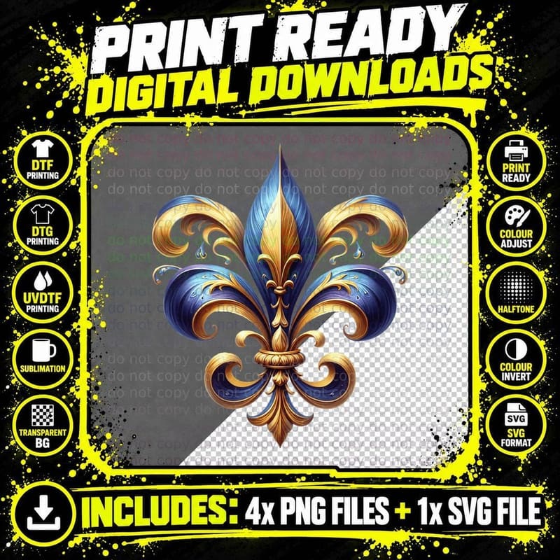 Ornate Fleur-De-Lis in Gold and Blue Mardi Gras T-Shirt Png SVG Digital Bundle