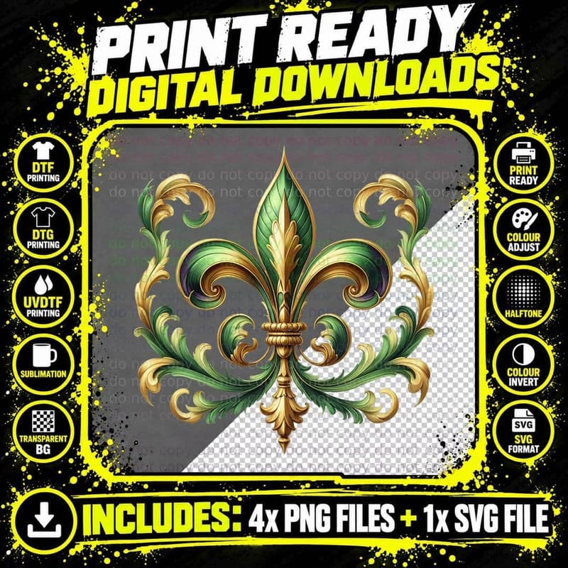Ornate Fleur-De-Lis with Gold and Green Swirls Mardi Png SVG Digital Bundle