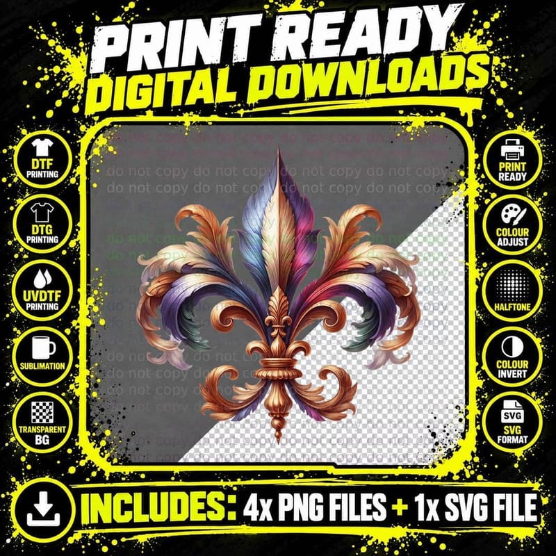 Ornate Fleur-De-Lis with Vibrant Colors Mardi Gras Png SVG Digital Bundle