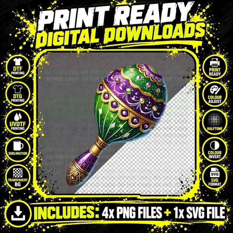 Ornate Maraca with Purple and Green Hues Mardi Gras Png SVG Digital Bundle