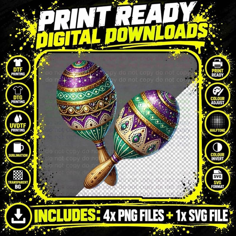 Ornate Maracas with Purple and Green Patterns Mardi Gras Png SVG Digital Bundle