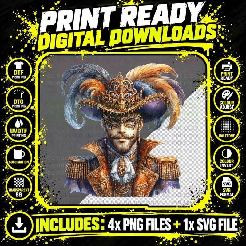 Ornate Mask and Feathered Hat Mardi Gras T-Shirt Png SVG Digital Bundle