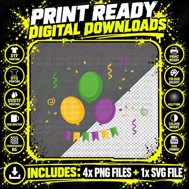 Party Balloons and Streamers Mardi Gras T-Shirt Png SVG Digital Bundle