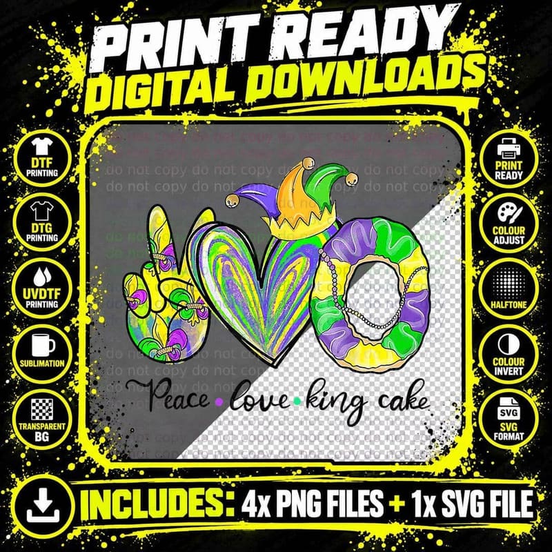 Peace Love King Cake Mardi Gras Shirt Men Women Kids Png SVG Digital Bundle