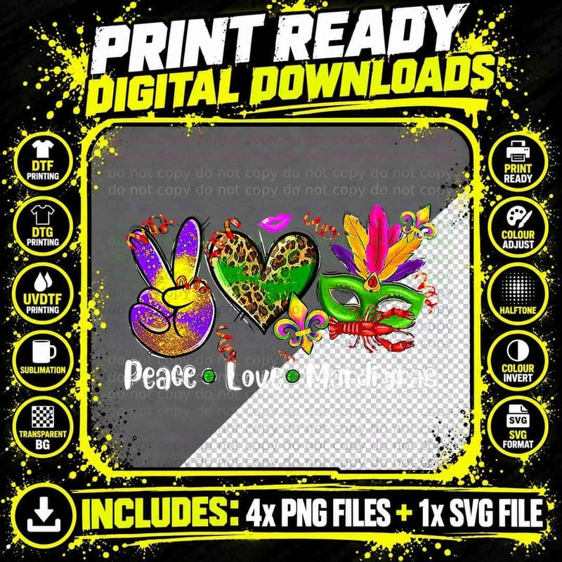Peace Sign Heart Fleur De Lys Hippie Peace Love Mardi Png SVG Digital Bundle