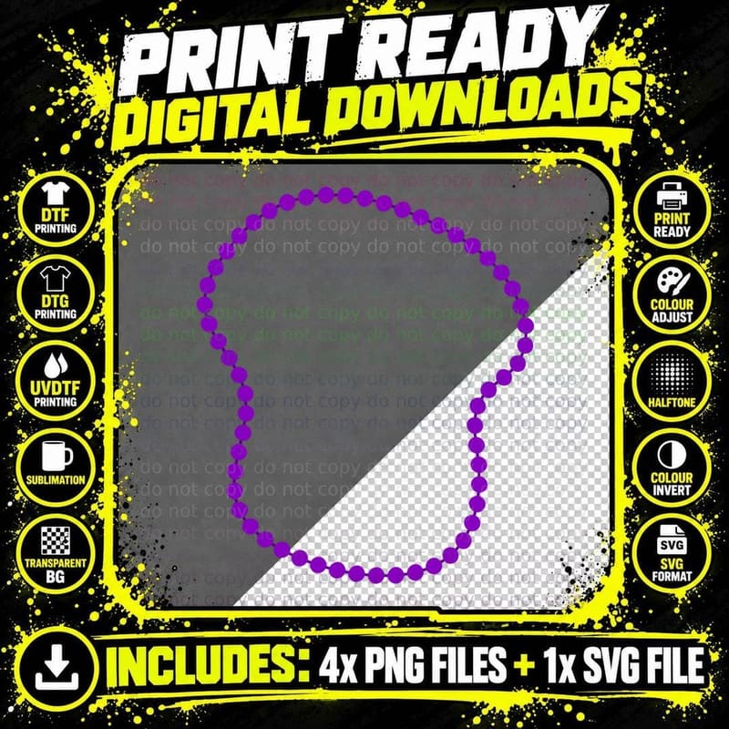 Purple Beads Necklace Mardi Gras T-Shirt Png SVG Digital Bundle