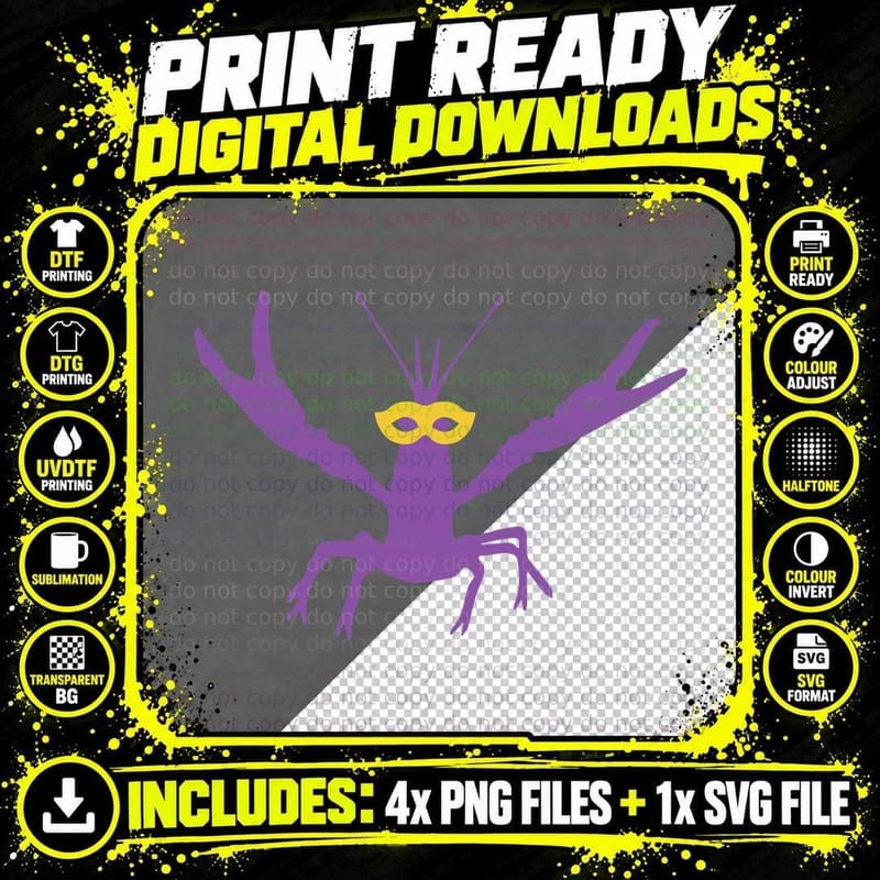 Purple Crab Wearing a Mask Mardi Gras T-Shirt Png SVG Digital Bundle