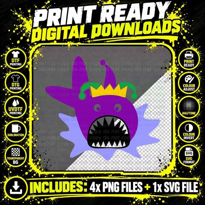 Purple Fish Wearing Jester Hat with Crown Mardi Gras Png SVG Digital Bundle