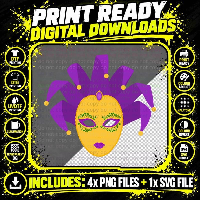 Purple Jester Mask with Green Accents Mardi Gras T-Shirt Png SVG Digital Bundle
