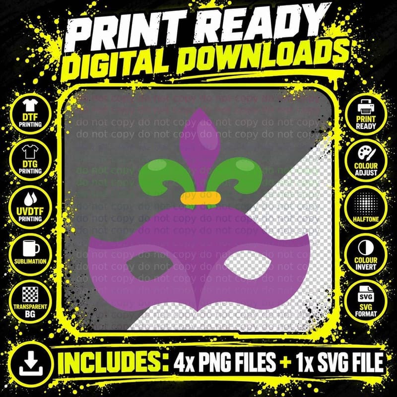 Purple Mask with Fleur-De-Lis Mardi Gras T-Shirt Png SVG Digital Bundle
