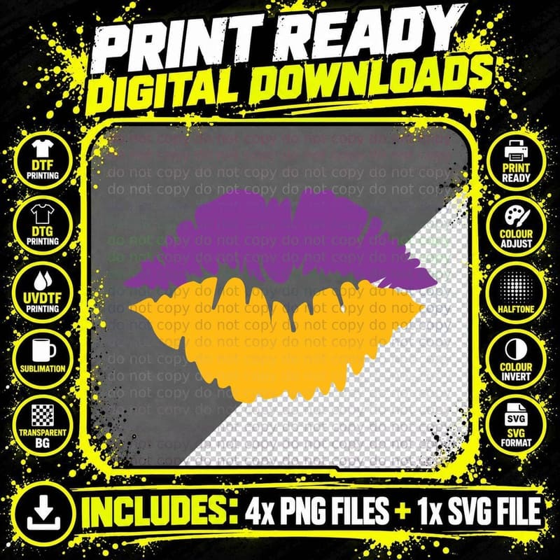 Purple and Yellow Lips Mardi Gras T-Shirt Png SVG Digital Bundle