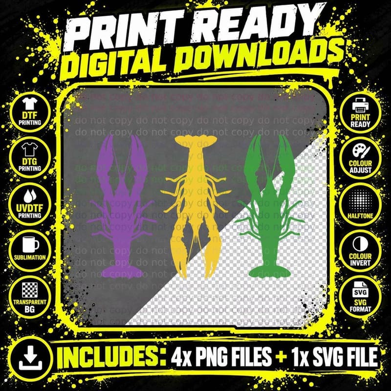 Three Colorful Crayfish Silhouettes Mardi Gras T-Shirt Png SVG Digital Bundle