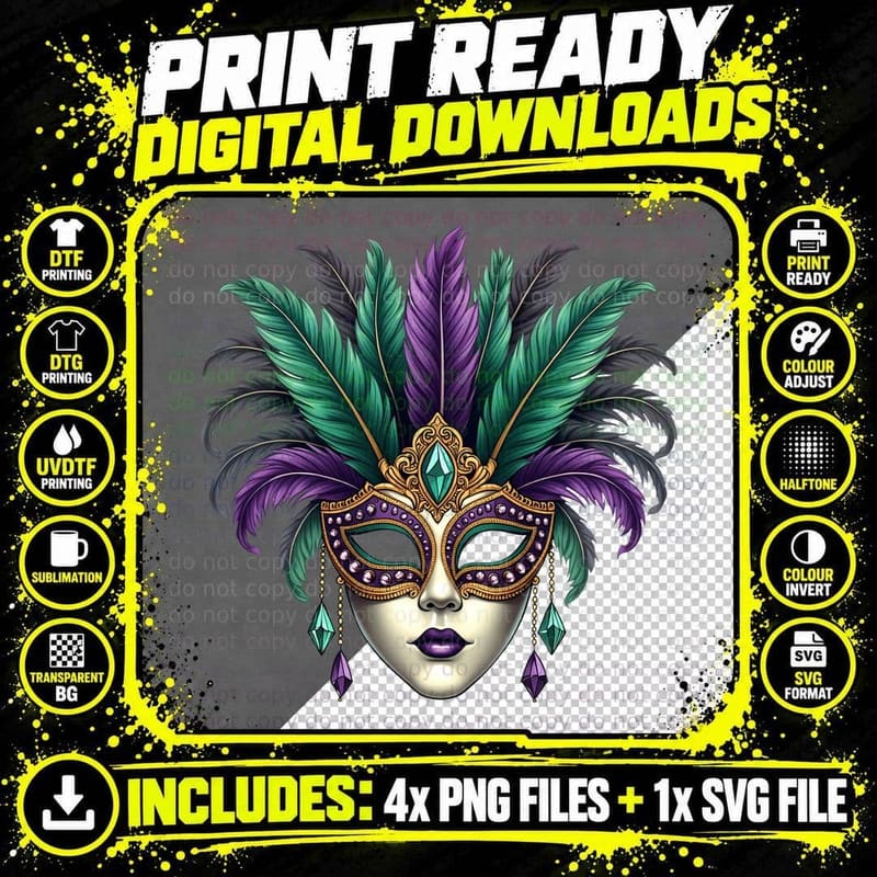 Venetian Mask with Feathers and Jewels Mardi Gras T-Shirt Png SVG Digital Bundle