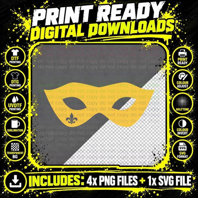 Yellow Venetian Mask with Fleur-De-Lis Mardi Gras T-Shirt Png SVG Digital Bundle