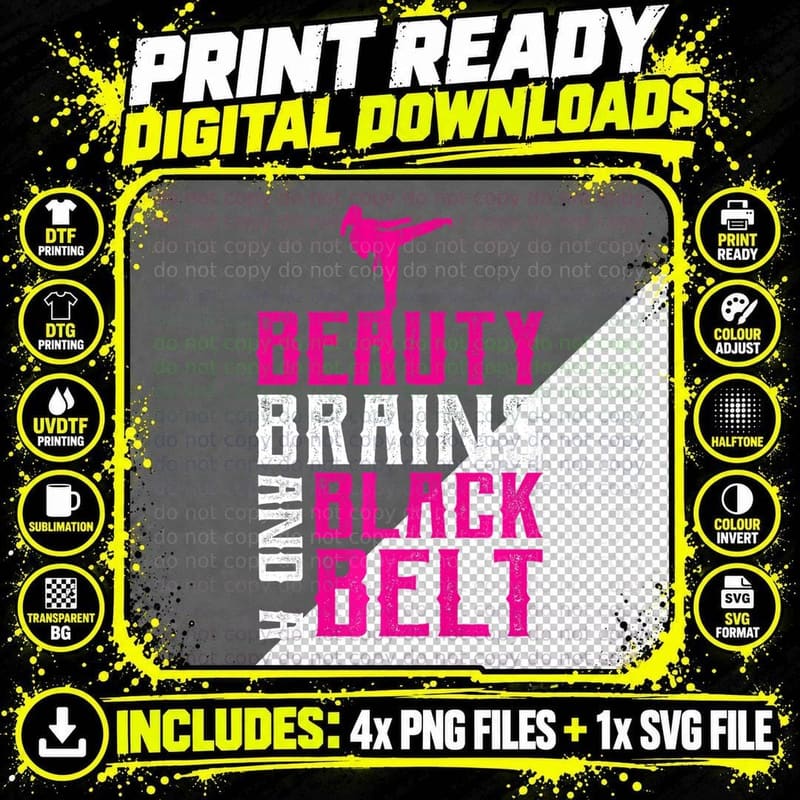 Beauty Brains Black Belt Martial Arts Karate Gift Png SVG Digital Bundle