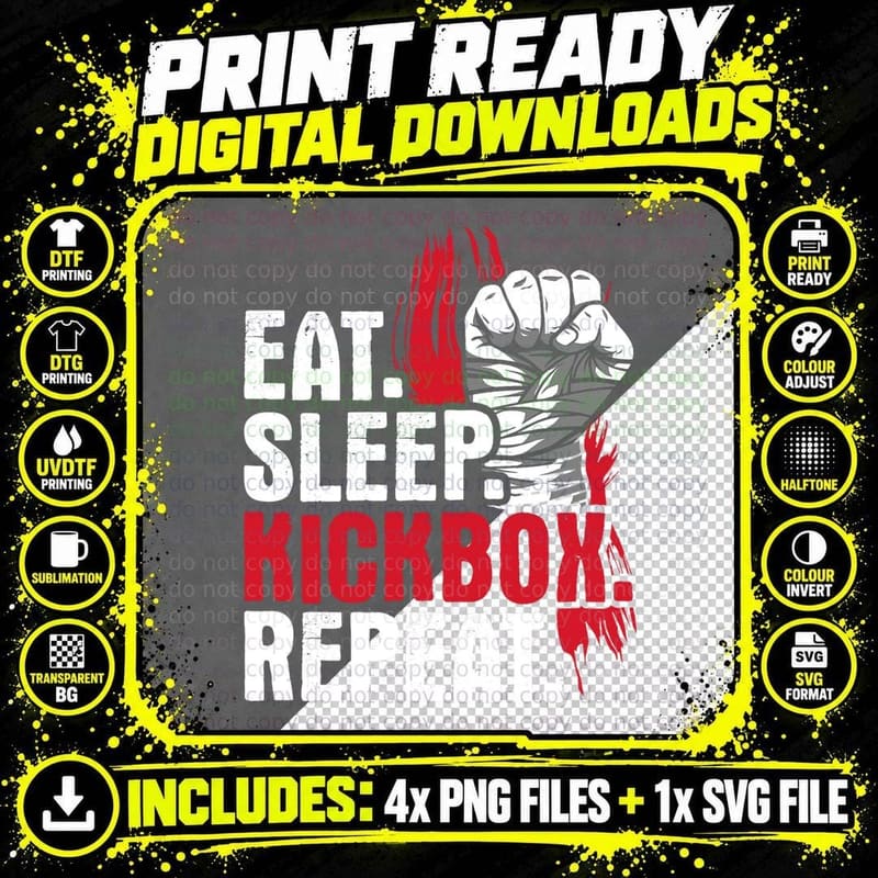 Eat Sleep Kickbox Repeat - Kickboxing Martial Arts Coach Png SVG Digital Bundle