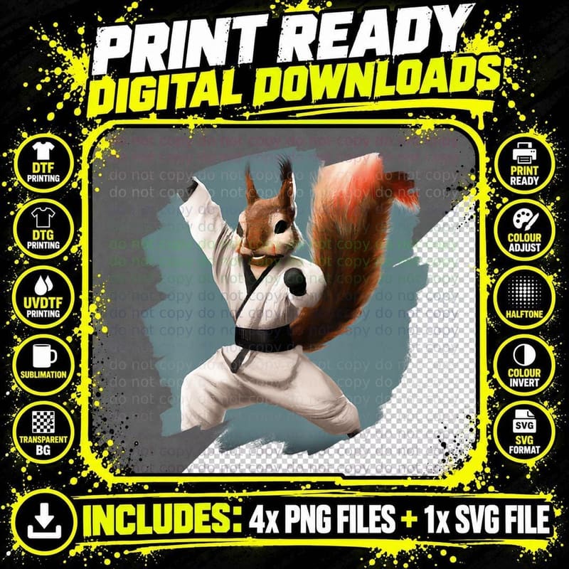 Squirrel Doing Karate Kick Black Belt Martial Arts Png SVG Digital Bundle