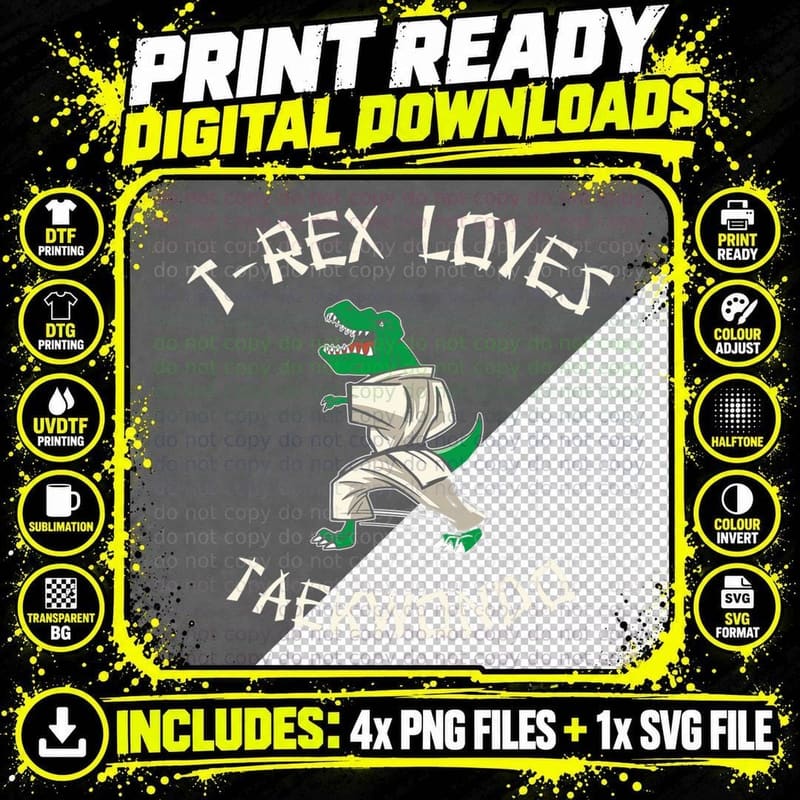 T-Rex Loves Taekwondo Tyrannosaurus Martial Arts T-Shirt Png SVG Digital Bundle