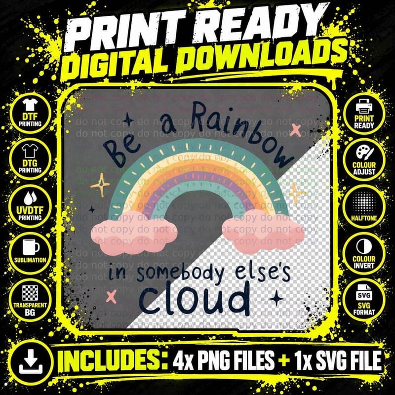 Be a Rainbow Inspirational Quote Pastel Rainbow Clouds & Png SVG Digital Bundle