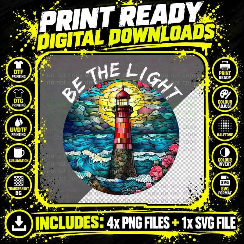Be the Light Stained Glass Lighthouse Motivational Quote Png SVG Digital Bundle
