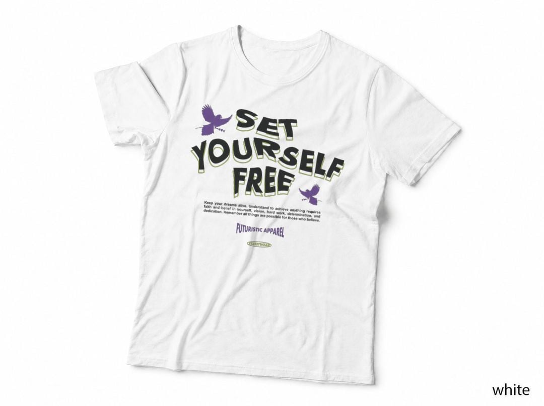 Futuristic Apparel Set Yourself Free Motivational Black Purple Birds T-Shirt