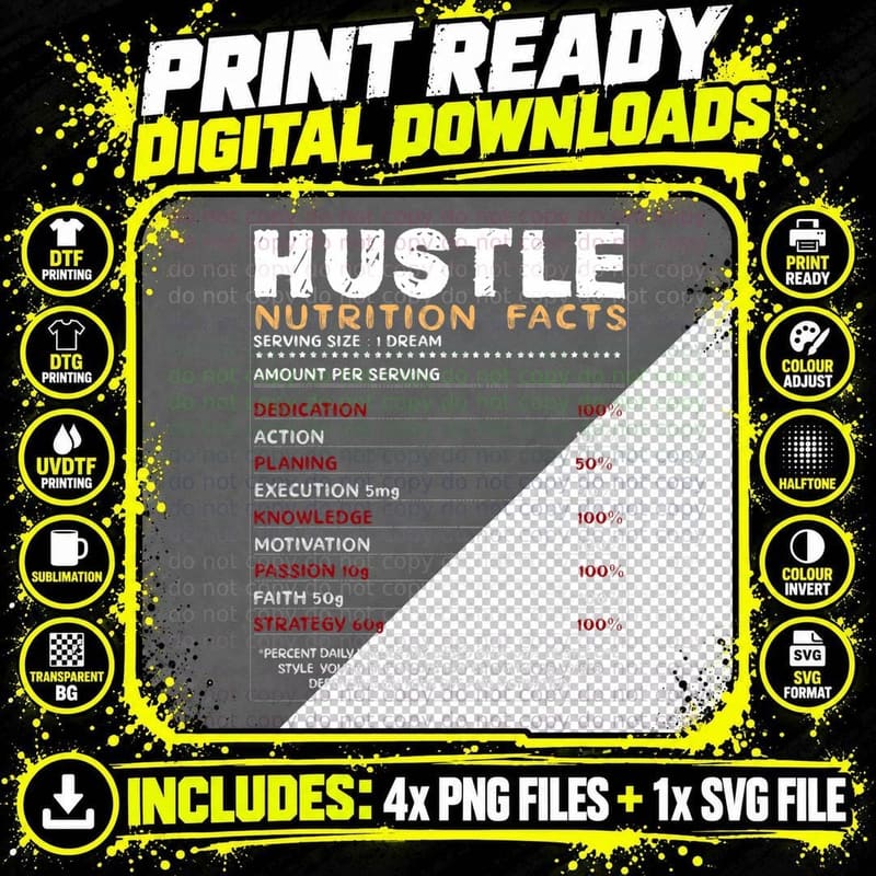 Hustle Nutrition Facts for Hustle Hard T-Shirt Png SVG Digital Bundle