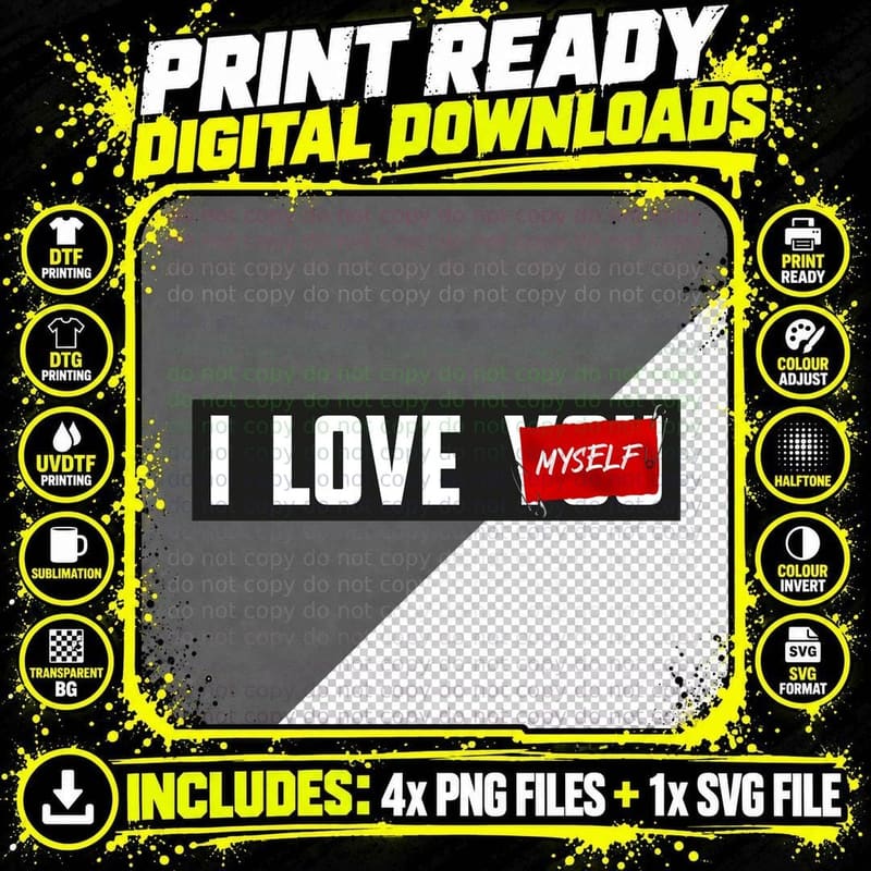 I Love Myself Self-Love Text Heart Motivational Png SVG Digital Bundle